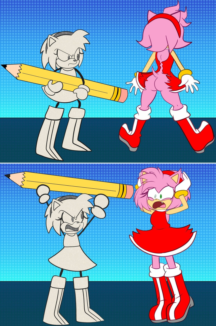 2girls 2koma absurd_res amy_rose angry anthro_female ass back_view big_ass boots butt_crack comic crazedczar1 doppelganger dress exposed_ass funny furry furry_female gloves green_eyes high_res multiple_girls oversized_object panels parody pencil pink_fur red_boots red_dress reference round_ass scared scene_reference screaming sega sniffable_ass sonic_the_hedgehog_(series) tail torn_clothes torn_dress tween young_female