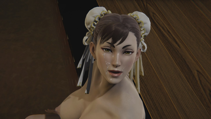 16:9 16:9_aspect_ratio 3d bare_shoulders big_breasts big_breasts blush blush breasts breasts breasts brown_hair chun-li cum cum_on_face erect_nipples female_focus looking_at_viewer looking_pleasured nipples semen semen_on_face shoulders street_fighter video_game video_game_character video_game_franchise