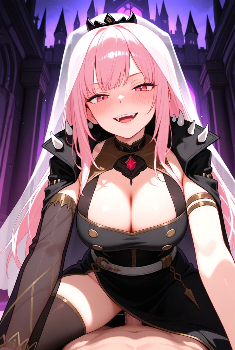 1boy 1girl ai_generated armlets big_breasts black_cape black_dress black_stockings black_tiara blush breasts cape castle cleavage clothed clothed_female clothed_female_nude_male cowgirl_position detached_sleeves dress hololive hololive_english hololive_myth legs_spread long_hair mori_calliope naked_male nude nude_male penis_in_pussy pink_eyes pink_hair pov see-through_sleeves sex smile stockings tiara vaginal_penetration veil virtual_youtuber vtuber white_veil