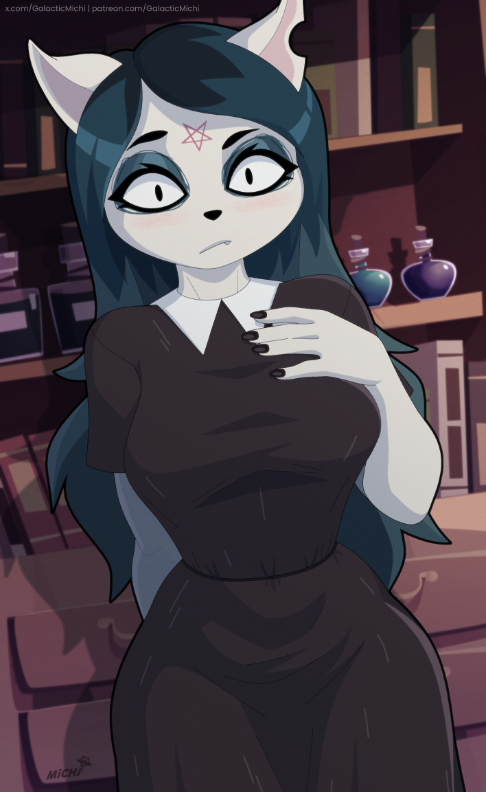 1girl 1girl 2026 5_fingers anthro big_breasts bitch black_clothing black_dress black_eyes black_nails black_nose blue_hair breedable busty_female cartoon_hangover claire_(the_summoning) clothed clothed_anthro clothing colored digital_media_(artwork) domestic_cat dress eyebrows eyelashes eyeshadow felid feline felis female_anthro fingers fuckable furry furry_female furry_only galacticmichi hair inside llmixll long_hair makeup mammal mommy mommy_kink nails nasty_bitch notched_ear occult pentagram slut symbol teeth text the_summoning thick_thighs thighs whore