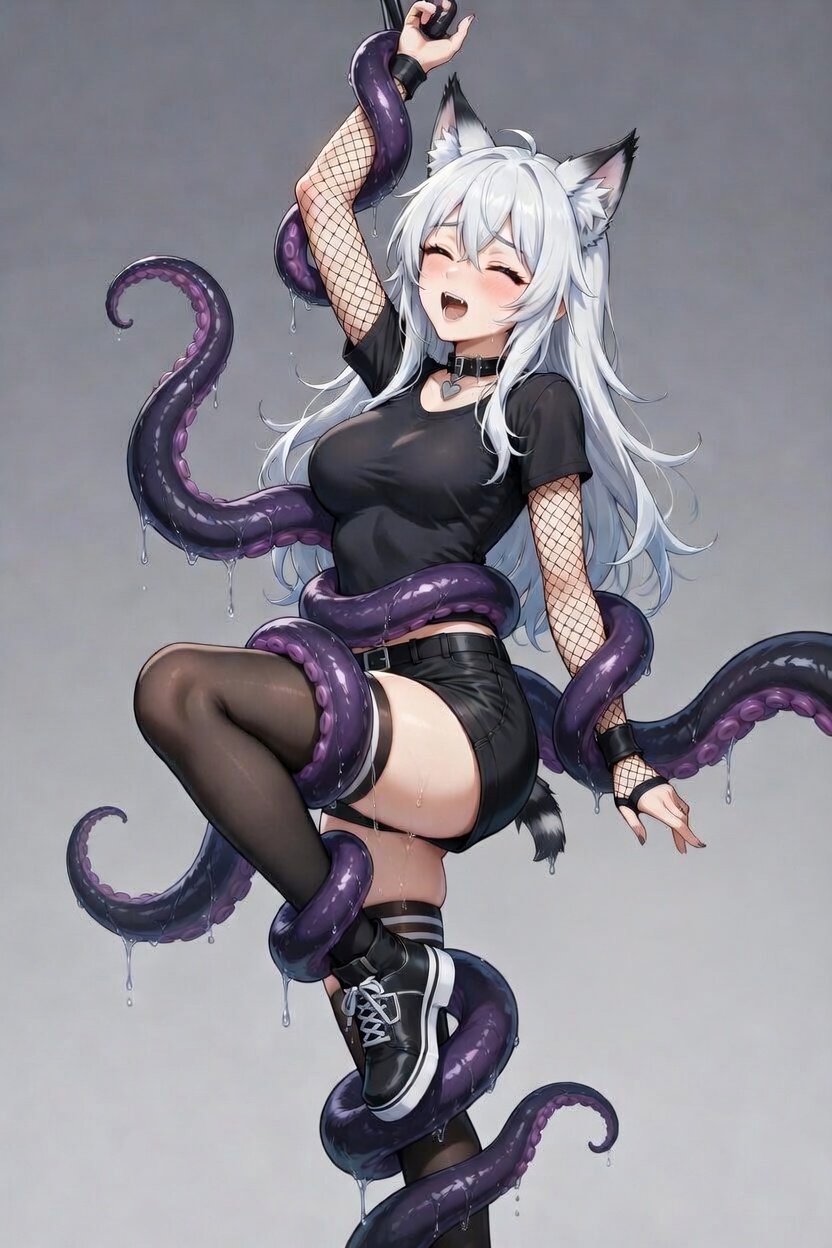 1girl 1monster big_breasts black_collar black_shirt black_shoes black_shorts black_stockings blush breasts cat_ears cat_girl cat_tail closed_eyes clothed clothed_female collar fishnet_armwear indie_virtual_youtuber long_hair lusty_lynx monster_on_female shirt shoes short_shorts stockings tentacle tentacle_around_waist tentacle_bondage tentacles_around_arms tentacles_around_legs virtual_youtuber vtuber white_hair