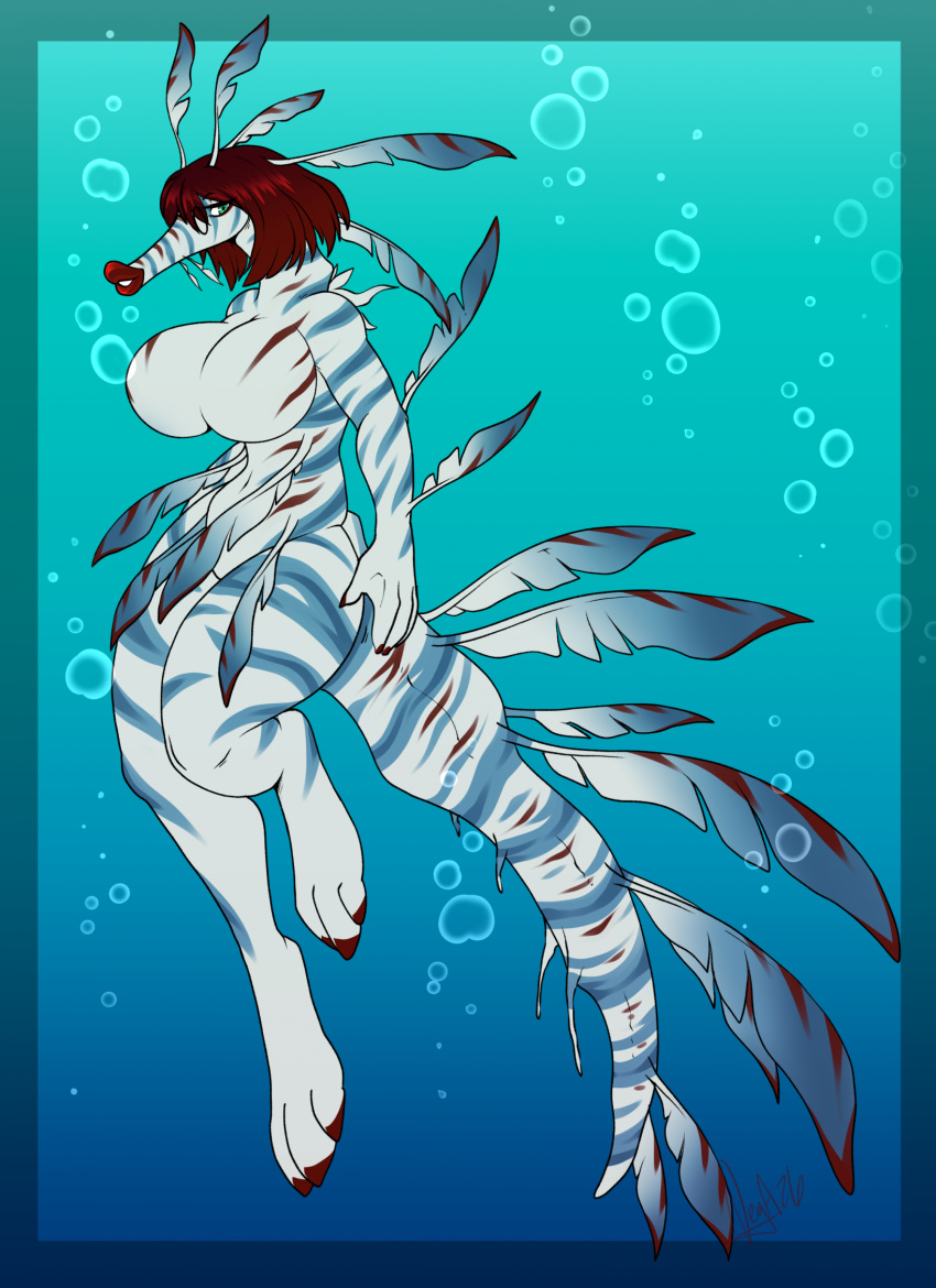 1girl 2026 anthro aquatic big_breasts breasts bubble digital_media_(artwork) eyewear featureless_breasts female fish glasses green_background green_eyes hair high_res kaitofletcher leafy_seadragon lips looking_aside nude red_hair round_glasses simple_background solo syngnathid syngnathiform tail thick_lips underwater water white_body