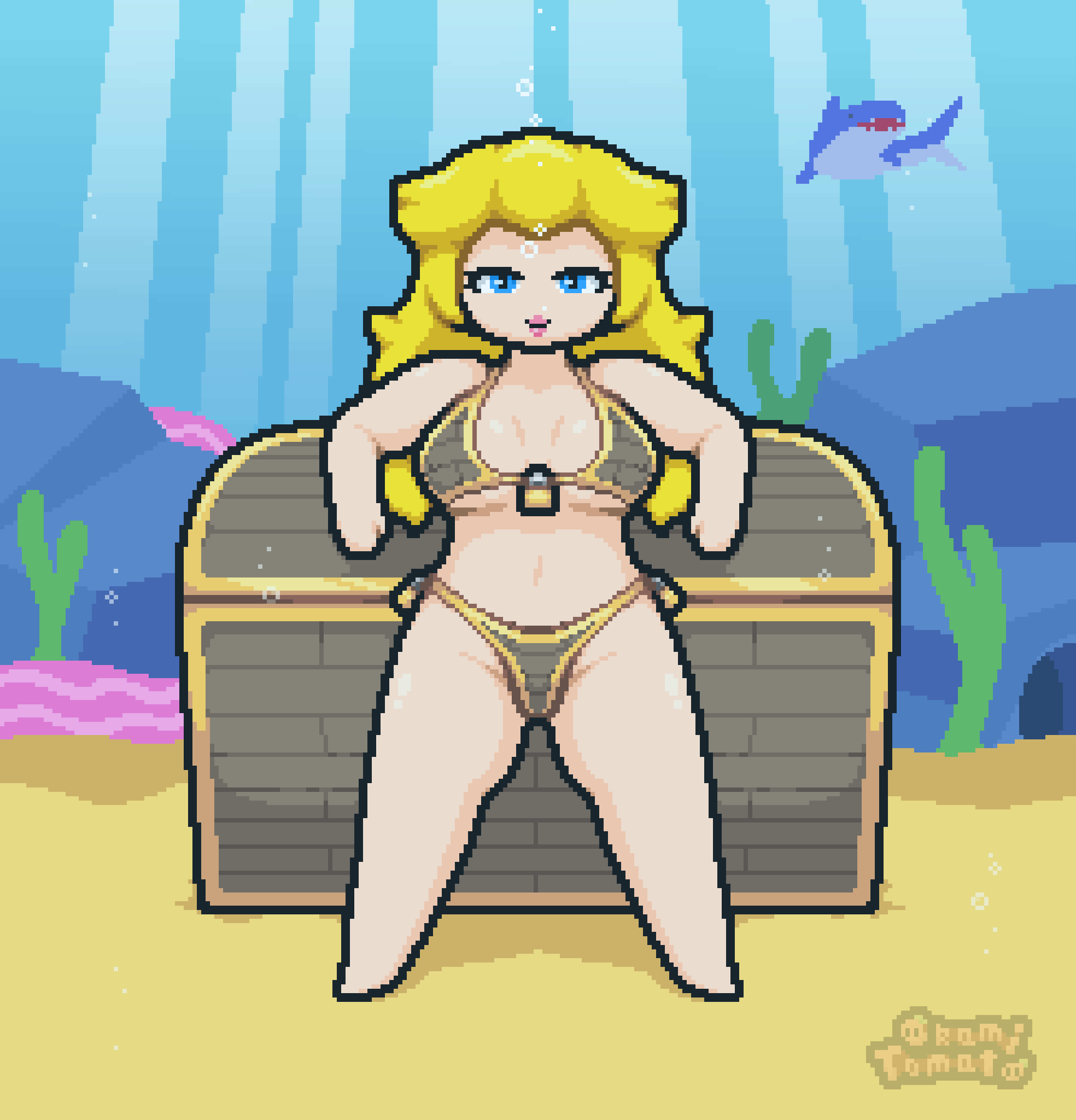 1girl 2d big_breasts bikini blonde_hair breasts bubble bubbles female happy laying_back lounging mario_(series) nintendo okami_tomato padlock princess_peach sand seabed shark solo sunbeam super_mario_bros. treasure treasure_chest underwater water watermark