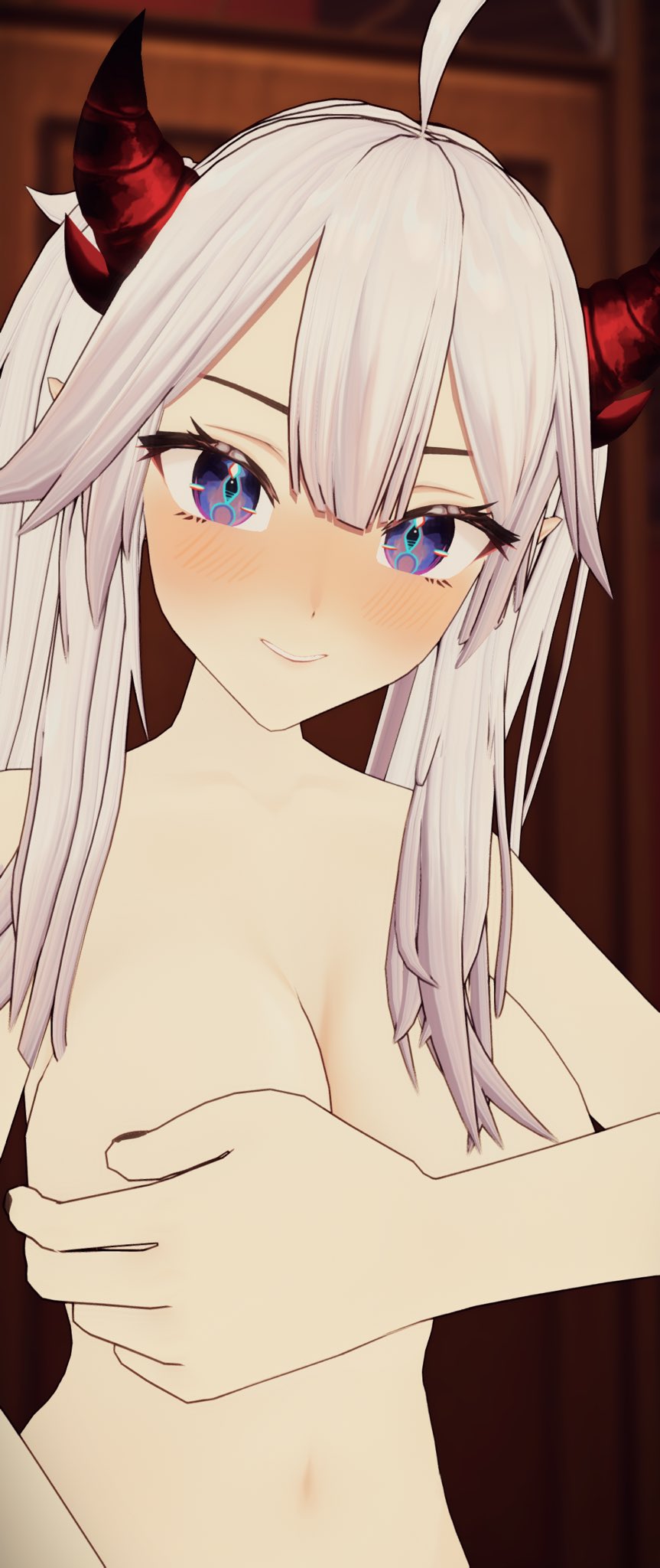 1girl 3d arm_on_breast big_breasts blush breasts covered_nipples covering_breasts female_only hand_on_breast horns indie_virtual_youtuber long_hair naked_female nipples_covered nude nude nude_female purple_eyes smile solo_female twin_tails veibae virtual_youtuber vtuber white_hair