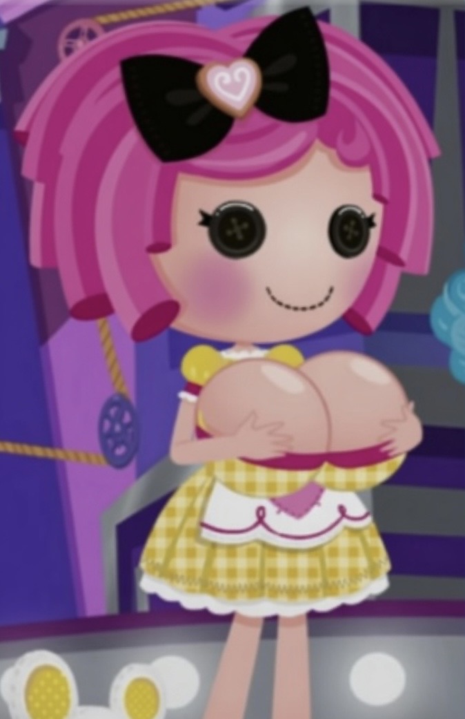 1girl ai_generated alternative_bust_size apron big_breasts bitty_buttons black_bow black_eyes blush bow breasts bursting_breasts button_eyes cleavage closed_mouth creamcherrypieai_(artist) crumbs_sugar_cookie curvaceous curvy curvy_figure dress edited female female_only hair_bow hairbow hands_on_breasts huge_breasts indoors lalaloopsy large_breasts looking_down mga_entertainment pink_hair plaid_dress puffy_short_sleeves short_hair short_sleeves smile solo stage stairs stuffed_toy waist_apron yellow_dress