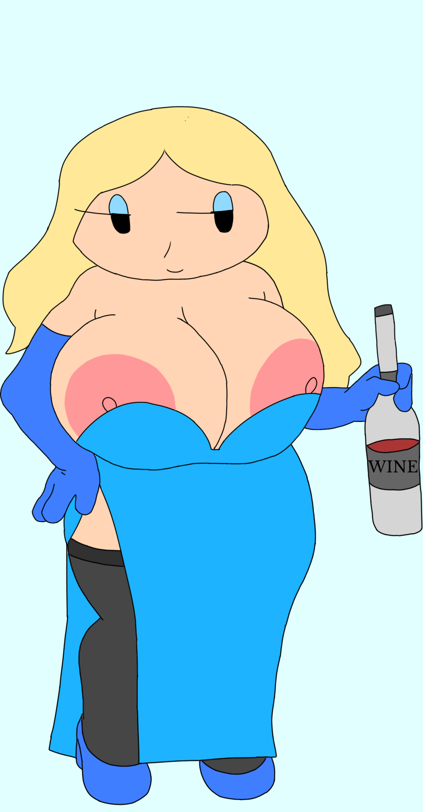1girl alcohol areola big_areola big_breasts big_nipples blue_dress blue_elbow_gloves blue_gloves blue_high_heels bottle breasts breasts_out busty cassettedream cleavage dream-cassette dress drink elbow_gloves eyeshadow fanart female female_only gloves high_heels holding_drink holding_object hoshime huge_areolae huge_breasts huge_nipples large_breasts les_ratz light-skinned_female light_skin looking_at_viewer mob_face nipple_slip nipples simple_background solo tasha_wellington_(ratz) thick_thighs unamused wide_hips wine wine_bottle xilam yellow_hair