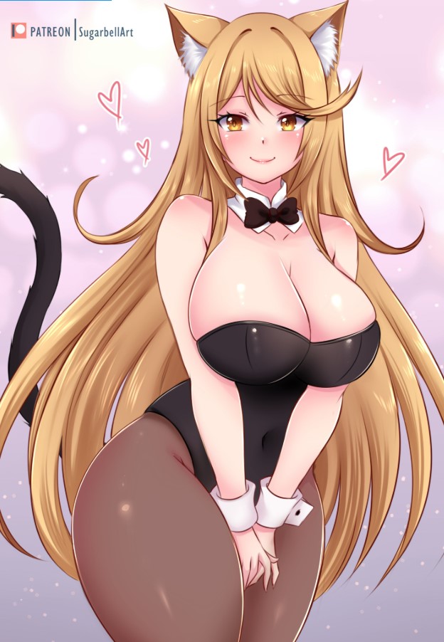 1girl alluring animal_ears big_breasts black_bow black_bowtie black_leotard blonde_hair blush bow bowtie brown_pantyhose cat_ears cat_girl cat_tail cleavage collarbone detached_collar grey_background heart leotard light_particles long_hair looking_at_viewer mythra_(xenoblade) nintendo nontraditional_playboy_bunny pantyhose playboy_bunny smile standing sugarbell tail thick_thighs thighs wide_hips wrist_cuffs xenoblade_(series) xenoblade_chronicles_2 yellow_eyes