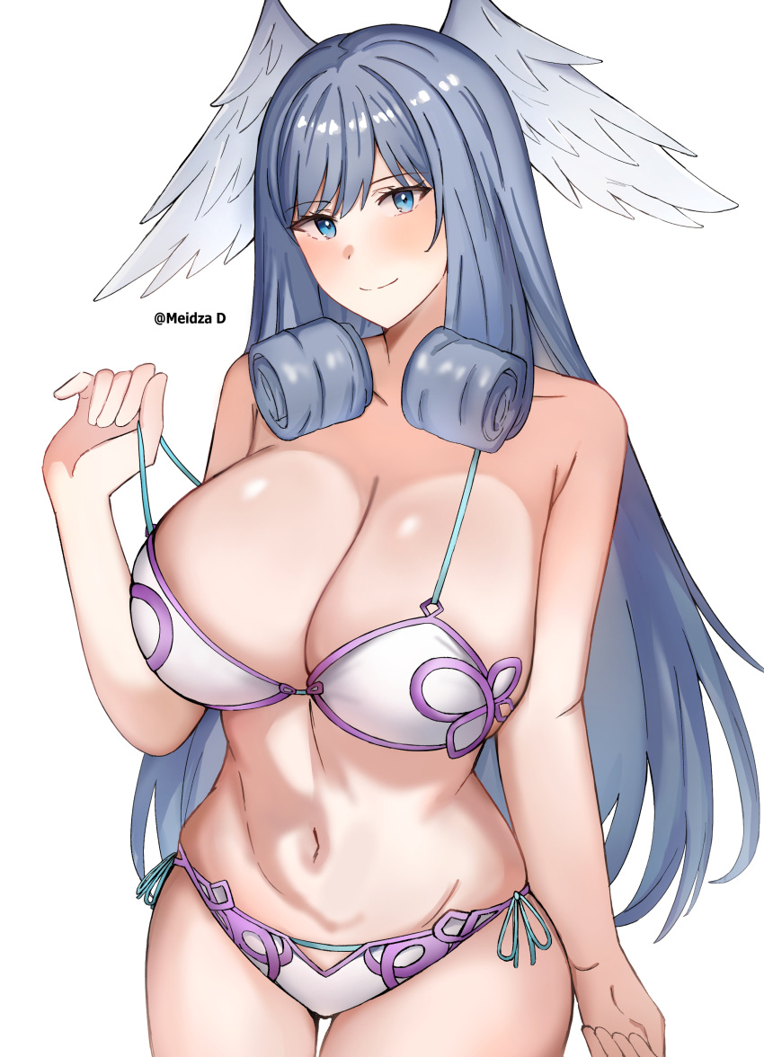 1girl alluring big_breasts bikini blue_eyes colored gray_hair grin high_entia long_hair looking_at_viewer meidza_d melia_antiqua midriff monolith_soft navel nintendo pulling_strap smiling_at_viewer swimsuit tagme thick_thighs thighs wings wings_on_head xenoblade_(series) xenoblade_chronicles xenoblade_chronicles_3