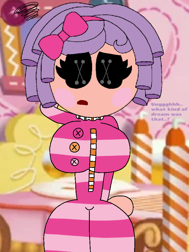 1girl alternative_bust_size arm_behind_head big_breasts bitty_buttons black_eyes blush blush_stickers bow bow_in_hair breasts button_eyes buttons clothed clothed_female clothing digital_media_(artwork) doll doll_girl elyjah_(artist) english_text female female_only hair_bow hair_ornament hairband huge_breasts indoors lalaloopsy large_breasts light-skinned_female light_skin living_doll looking_at_viewer mga_entertainment pajamas pillow pillow_featherbed pink_pajamas purple_hair ragdoll short_hair solo squiggle stuffed_toy text zipper