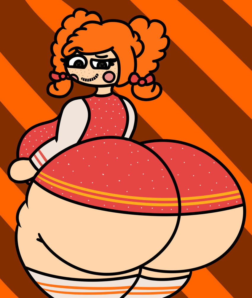 1girl ass ass_bigger_than_breasts ass_bigger_than_head baws_(artist) beige_skin big_ass big_breasts bitty_buttons black_eyes bowtie braided_twintails breasts bubble_butt button_eyes cheerleader clothed clothed_female commission doll doll_girl female female_only freckles huge_ass huge_breasts huge_thighs lalaloopsy looking_at_ass looking_at_viewer looking_back mga_entertainment orange_hair peppy_pom_poms ragdoll red_bow red_shirt red_skirt red_vest smiling socks striped_socks thick_thighs
