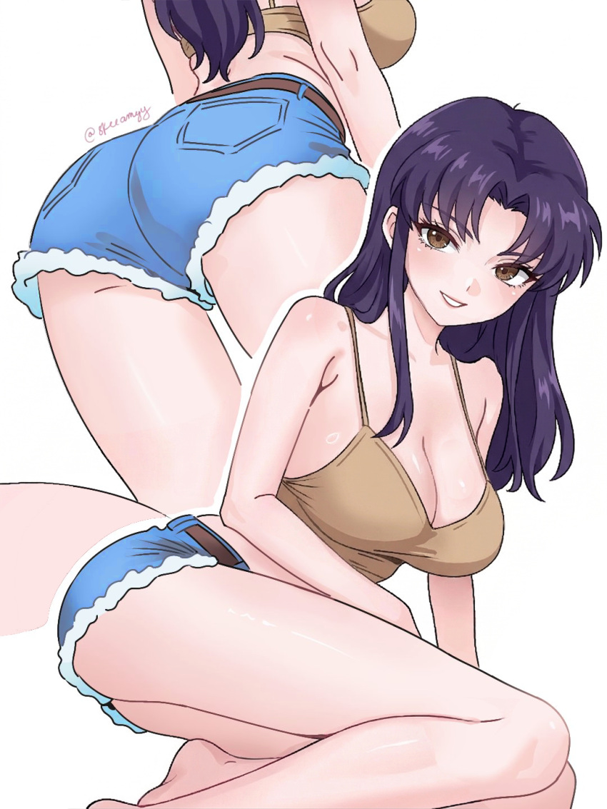 1girl ass big_breasts brown_eyes clothed clothed_female feet light-skinned_female looking_at_viewer misato_katsuragi multiple_views neon_genesis_evangelion purple_hair shorts solo_female tank_top thighs