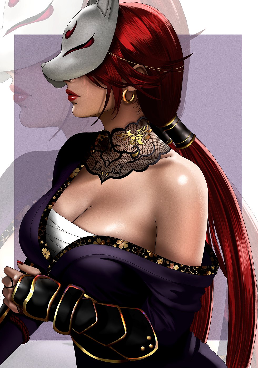 1girl bandai_namco big_breasts border breasts chest_sarashi cleavage fighting_game fox_mask high_res japanese_clothes kimono kittymiya kunimitsu kunimitsu_(tekken) long_hair low_twintails mask mature mature_female mature_woman milf milf mole mole_under_mouth namco namco_bandai purple_background purple_kimono red_hair red_lips sarashi scar scar_on_face simple_background single_bare_shoulder single_off_shoulder solo_focus standing standing_up tekken twin_tails twitter upper_body video_game_character video_game_franchise video_games white_border