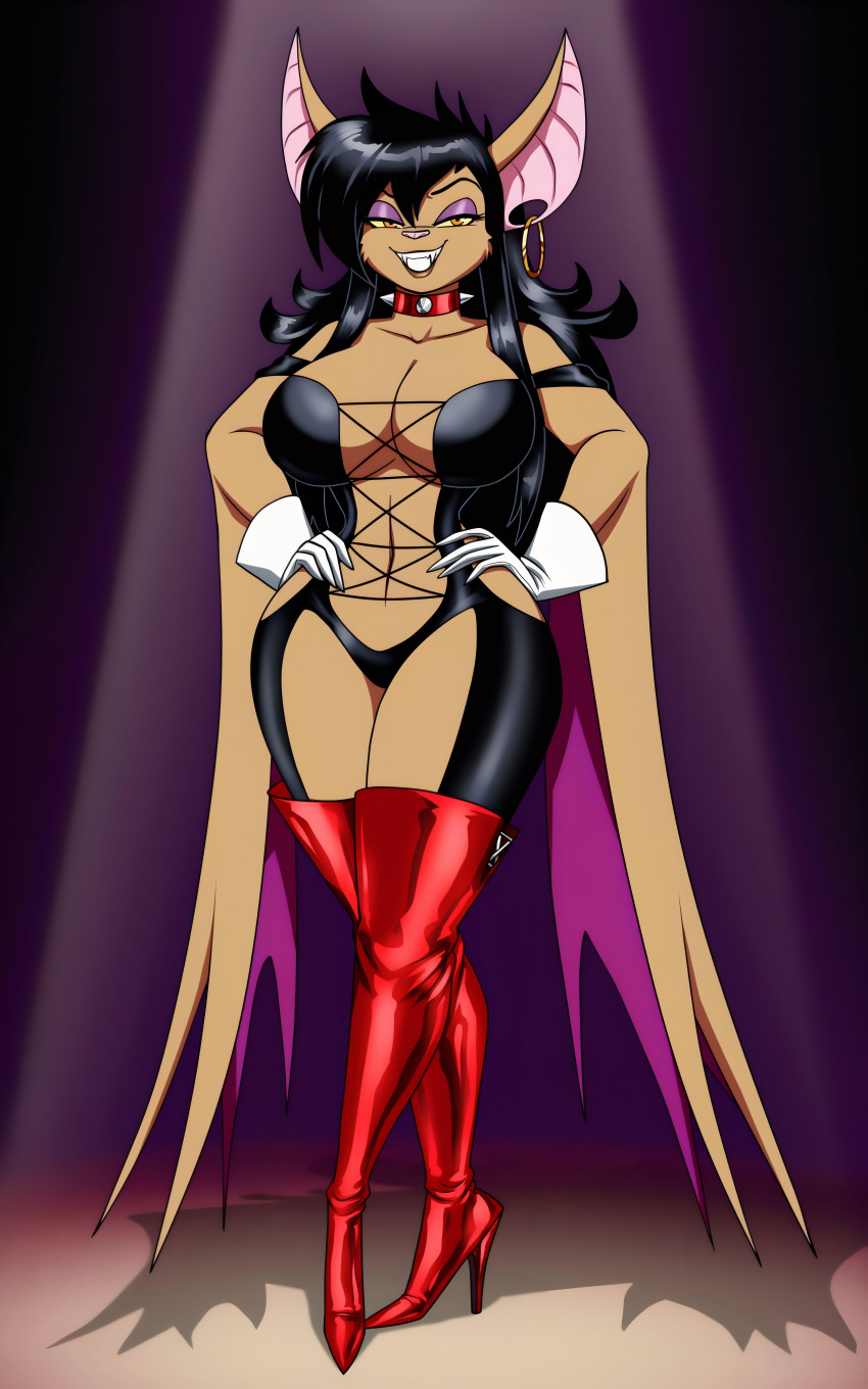 1girl bat big_ass big_breasts black_hair crovirus earring gloves lingerie long_ears long_hair necklace platform_boots posing seductive sexy smile thighs wings