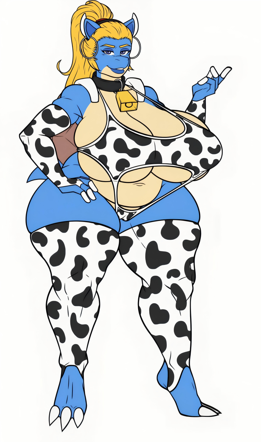 1girl big_ass big_breasts blastoise blonde_hair blue_skin cow_bell cow_bikini cow_horns cow_print cowkini cute earrings gloves long_ears long_hair luchodraws ponytail posing seductive sexy tail thick_ass thick_legs thighs wiitenuant
