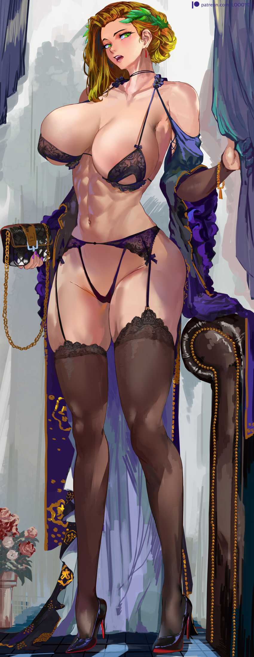 1girl big_breasts blonde_hair bubble_butt cleavage green_eyes horny inviting_to_sex looking_at_viewer loooyd pose standing stockings teasing thick_thighs