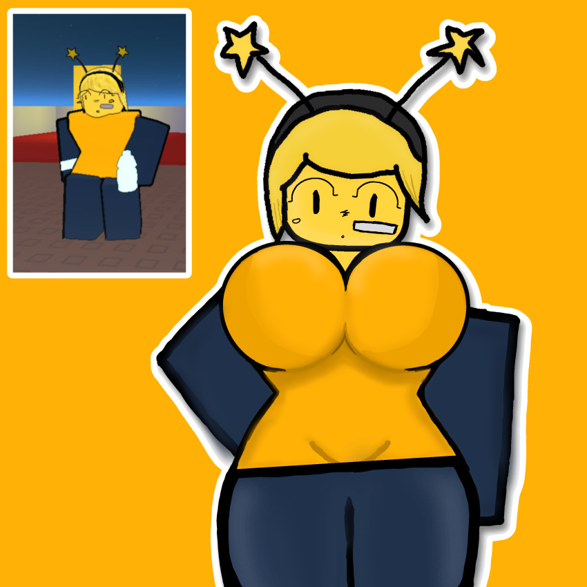 1girl big_breasts breasts clothed clothed_female clothing dive_(roblox) female_only notfromhands roblox roblox_game robloxian solo_female yellow_body yellow_hair yellow_skin