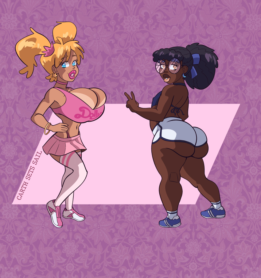 2_girls absurd_res ass big_ass big_breasts bimbo black_hair blonde_hair blue_eyes braces breasts carth_sets_sail dark-skinned_female dark_skin dress friends glasses high_res multiple_girls original original_character pink_dress short_shorts shorts tan tan_line tank_top thick_lips twin_tails