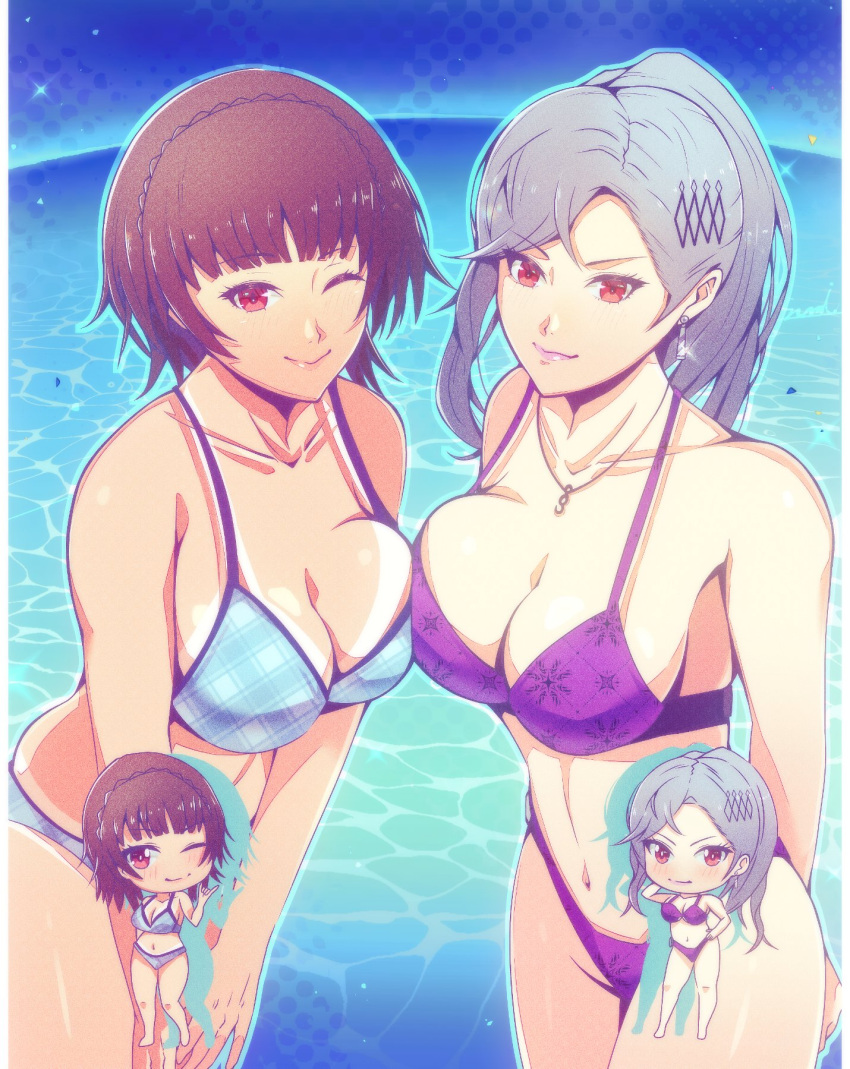 2_girls alluring atlus big_breasts bikini brown_hair corner50777313 grey_hair high_res makoto_niijima mature_female multiple_girls ocean persona persona_5 sae_niijima sega siblings silf silfs sisters swimsuit