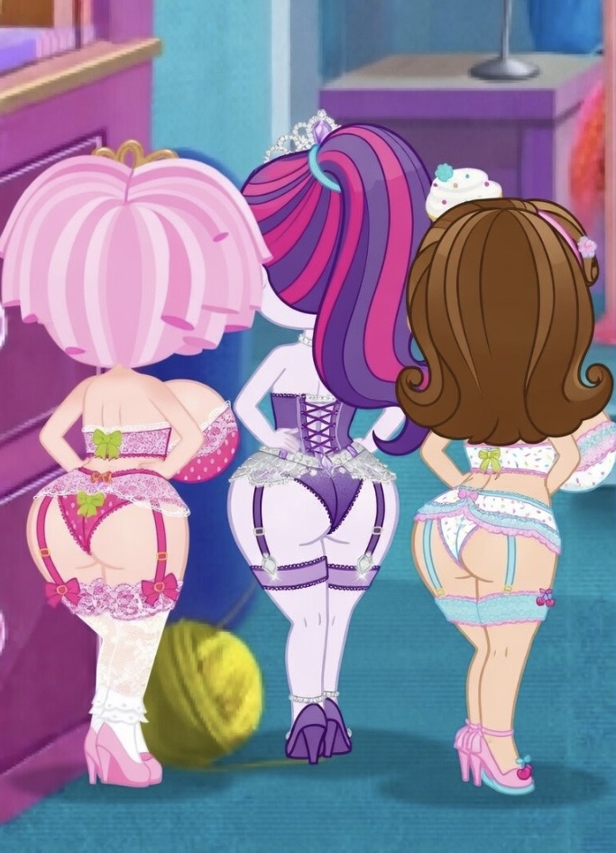 3girls absurd_res ai_generated ass back_view big_ass big_breasts bitty_buttons bow bra breasts brown_hair cherry clothing colored_skin corset creamcherrypieai_(artist) curvaceous curvy curvy_figure diamond doll female female_only from_behind garter_belt garter_straps gigantic_breasts green_bow hairband hands_on_own_hips high_heels huge_breasts indoors jewel_sparkles lace_trim lalaloopsy light-skinned_female light_skin lingerie living_doll long_hair mga_entertainment multicolored_hair multiple_girls pink_bra pink_hair pink_panties ponytail purple_hair purple_skin ragdoll short_hair shortstack streaked_hair thighhighs thighs tiara underwear underwear_only white_panties
