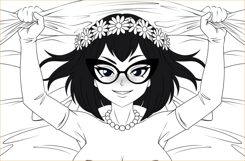 aizasama4 alternate_version_available bedsheet big_breasts black_hair breasts elbow_gloves floral_head_wreath glasses gloves grabbing_sheets implied_sex looking_at_viewer male_pov monochrome necklace nickelodeon on_back on_bed pearl_necklace the_fairly_oddparents tootie wedding_night wedding_night_sex