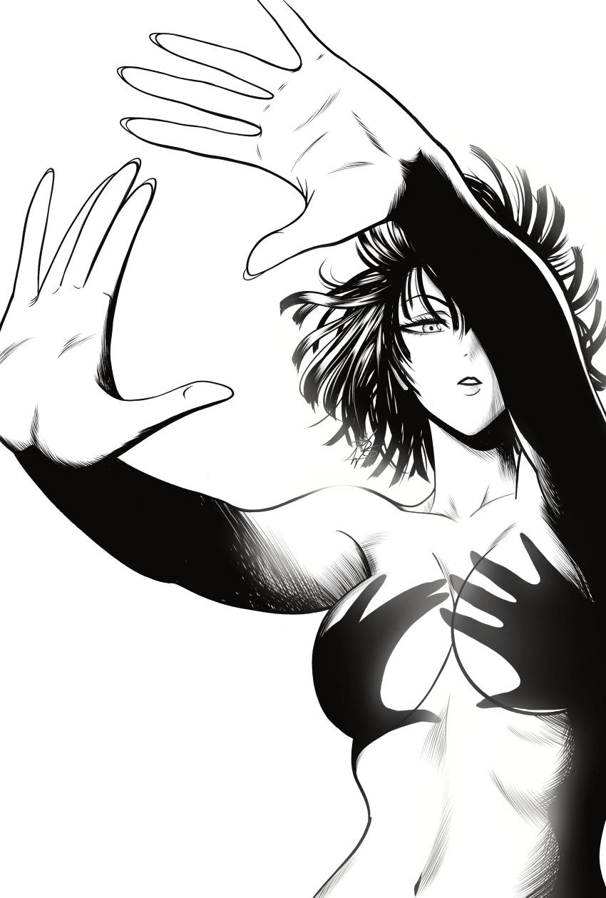 arms_up big_breasts breasts fubuki_(one-punch_man) hands_casting_shadow looking_at_viewer meme monochrome mostlybluewyatt nude one-punch_man