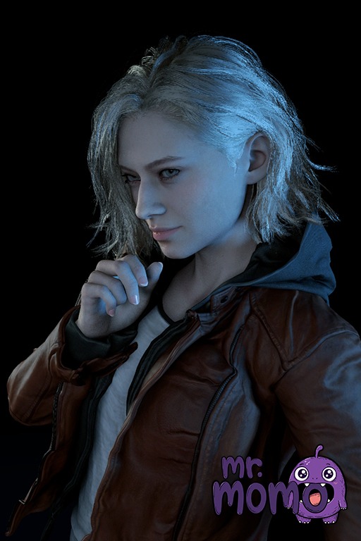 1boy 1girl 1girl 1girl ai_generated artist_logo artist_name black_background blonde_hair blue_eyes brown_jacket capcom clothing dark_background denim double_v double_w grace_ashcroft jacket jeans lenmmon lips looking_at_viewer male_focus medium_hair mr_momo open_clothes open_jacket pants red_jacket resident_evil_requiem shirt short_hair simple_background smile standing v w white_shirt