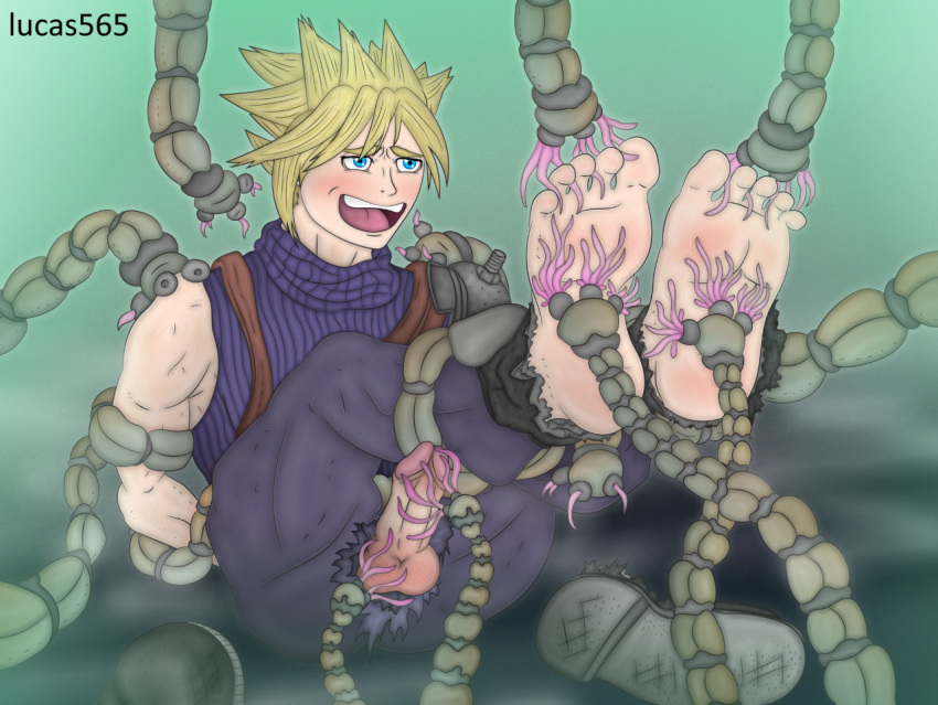 1boy arms_behind_back barefoot blonde_hair cloud_strife final_fantasy final_fantasy_vii helpless helpless_hero human lucas565 male_feet male_focus male_human restrained ripped_clothing shoes_removed solo_male spiky_hair tickling tickling_feet tickling_machine tickling_penis yaoi