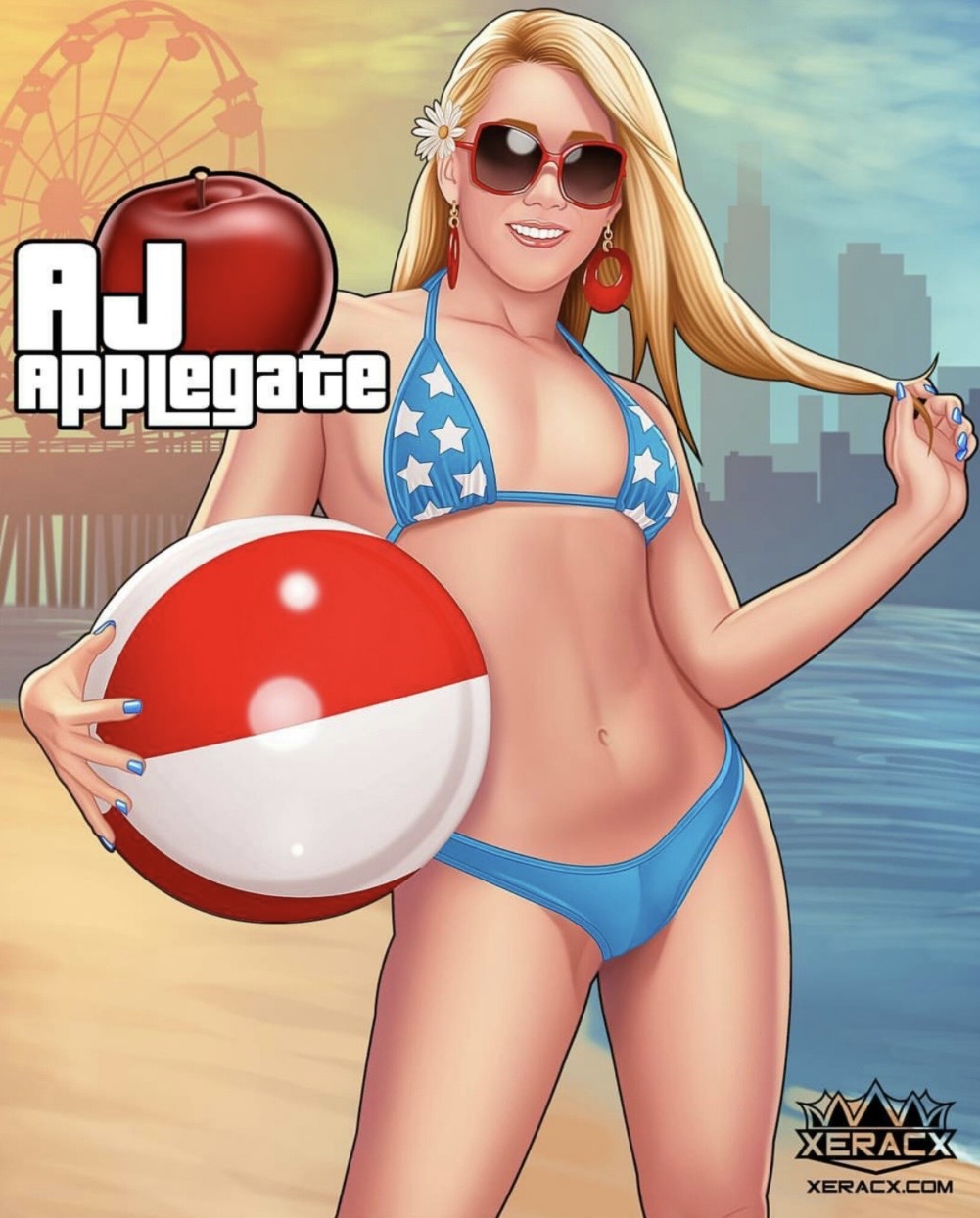 1girl 1girl aj_applegate alluring artist_name beach beachball bikini bimbo blonde_hair blue_bikini blue_nails breasts caucasian cleavage curvy earrings fanart flower_in_hair grand_theft_auto long_hair looking_at_viewer milf navel non-nude outside parody parted_lips pinup pinup_girls porn_star pornstar posing real_person sexy slut smile standing stomach sunglasses thick_thighs toned touching_hair wide_hips xeracx