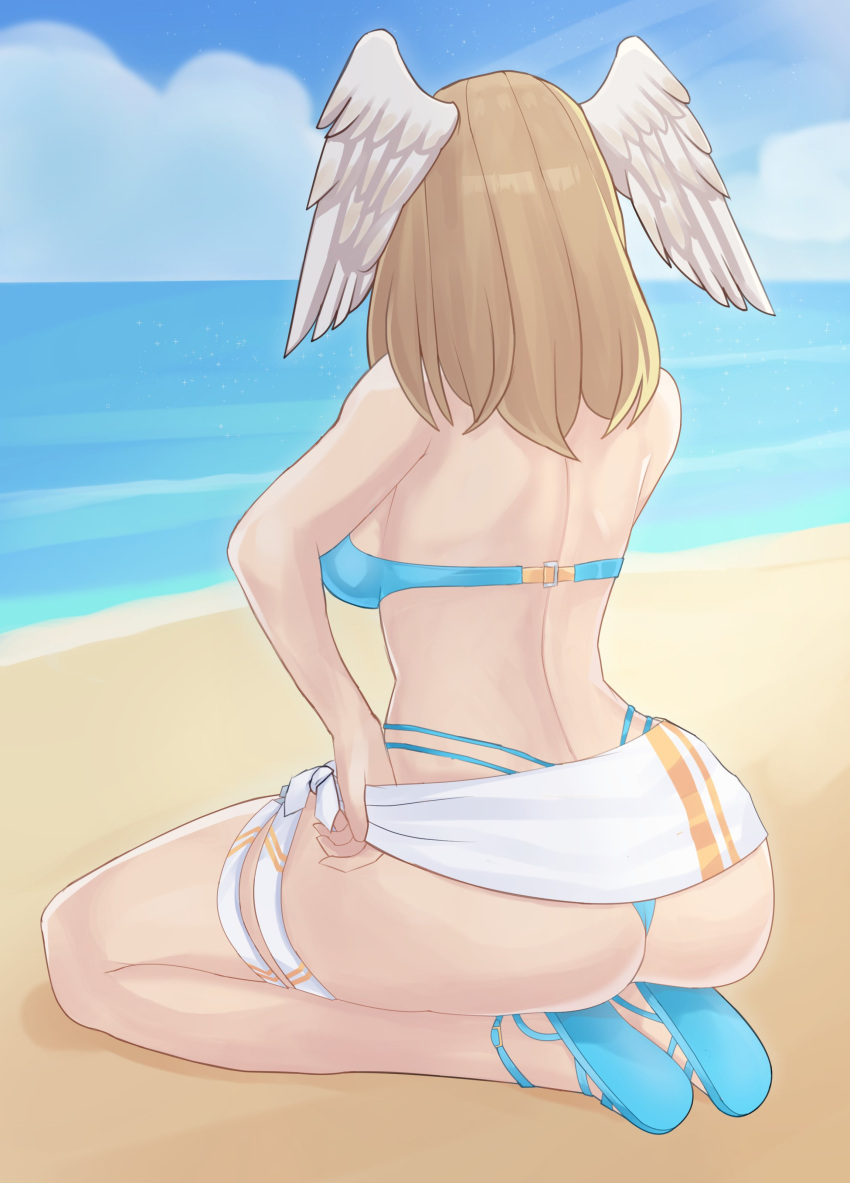 1girl absurd_res ass ass_focus beach bikini blonde_hair djames eunie_(xenoblade) head_wings high_res huge_ass medium_hair ocean sandals swimsuit wings xenoblade_(series) xenoblade_chronicles_3