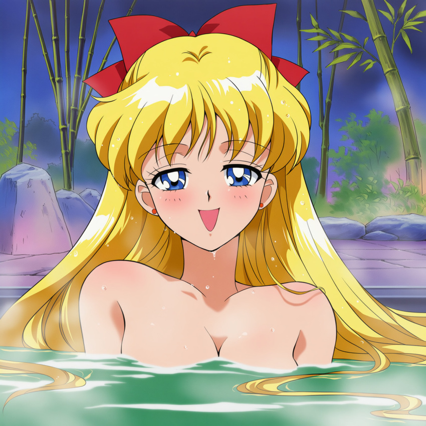 1girl adult_swim alluring bishoujo_senshi_sailor_moon bishoujo_senshi_sailor_moon_r bishoujo_senshi_sailor_moon_r_the_movie bishoujo_senshi_sailor_moon_s bishoujo_senshi_sailor_moon_s_the_movie bishoujo_senshi_sailor_moon_supers bishoujo_senshi_sailor_moon_supers_the_movie blonde_hair blue_eyes hot_spring in_water medium_breasts minako_aino naked_towel onsen sailor_venus sepia_tone_(artist) toei_animation toonami towel_around_body viz_media