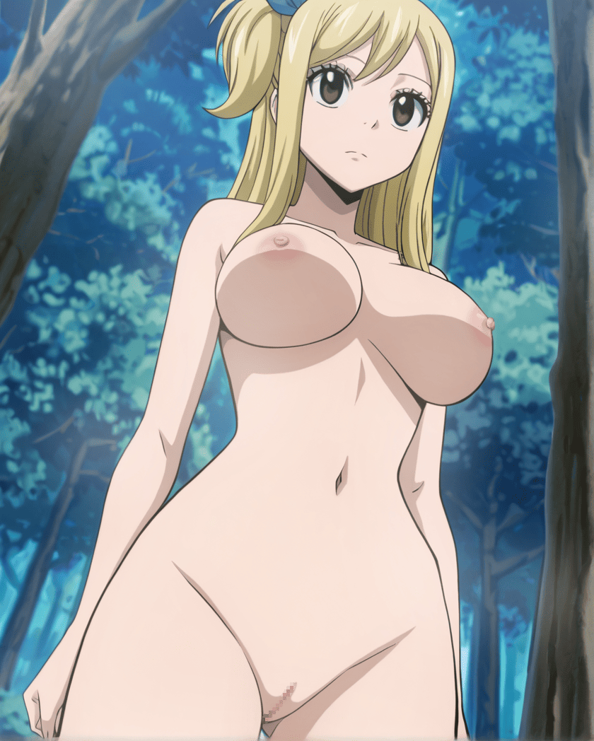 1girl ai-generated ai_assisted ai_generated blonde_hair breasts brown_eyes cleft_of_venus completely_nude_female fairy_tail female_focus forest forest_background girlhimen lucy_heartfilia mosaic_censoring nature navel nude_female pussy standing young_adult_female