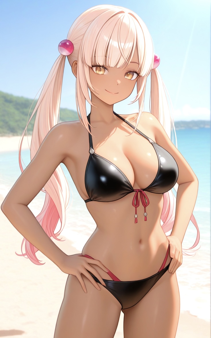 1girl ai_generated beach big_breasts bikini black_bikini blonde_hair breasts cleavage dark-skinned_female female_only hair_accessory hair_ornament hands_on_hips hands_on_own_hips hololive hololive_english hololive_english_-council- long_hair outside smile solo_female tsukumo_sana twin_tails virtual_youtuber vtuber yellow_eyes