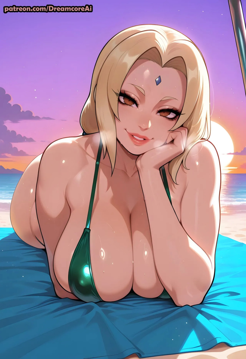 1girl ai_generated beach blonde_hair curvy curvy_female curvy_figure long_hair naruto naruto_shippuden sling_bikini swimsuit tsunade