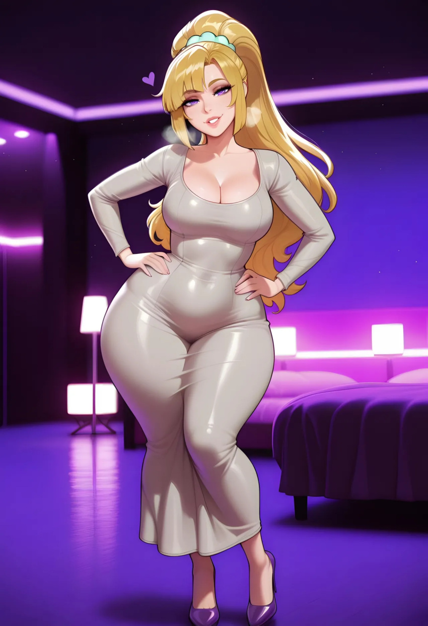 1girl ai_generated blonde_hair classroom_of_the_elite curvy curvy_female curvy_figure dongtan_dress karuizawa_kei long_hair ponytail youkoso_jitsuryoku_shijou_shugi_no_kyoushitsu_e