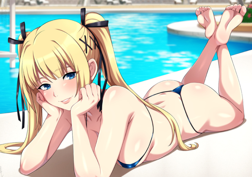 1girl alluring bare_legs bikini blonde_hair blue_eyes dead_or_alive dead_or_alive_6 dead_or_alive_xtreme_venus_vacation lindaroze marie_rose medium_breasts pin_up swimming_pool tecmo