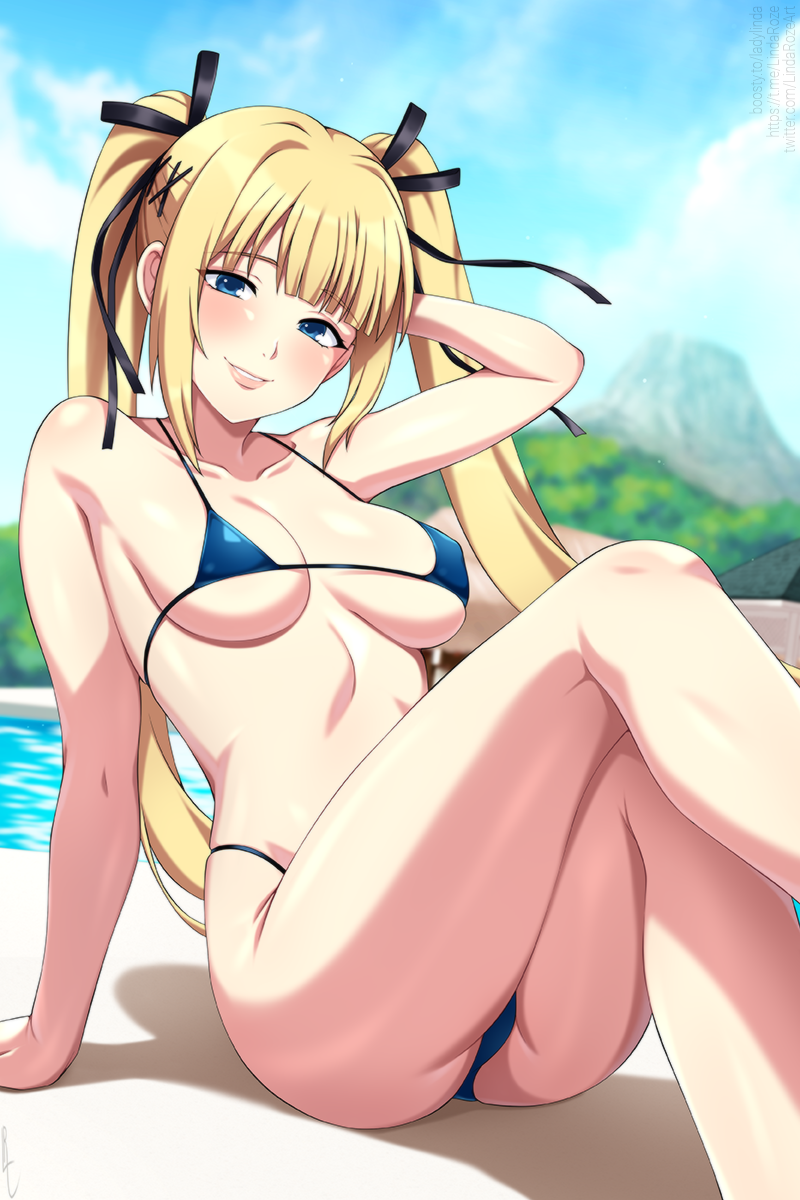 1girl alluring bare_legs bikini blonde_hair blue_eyes crossed_legs dead_or_alive dead_or_alive_6 dead_or_alive_xtreme_venus_vacation lindaroze marie_rose medium_breasts pin_up swimming_pool tecmo under_boob