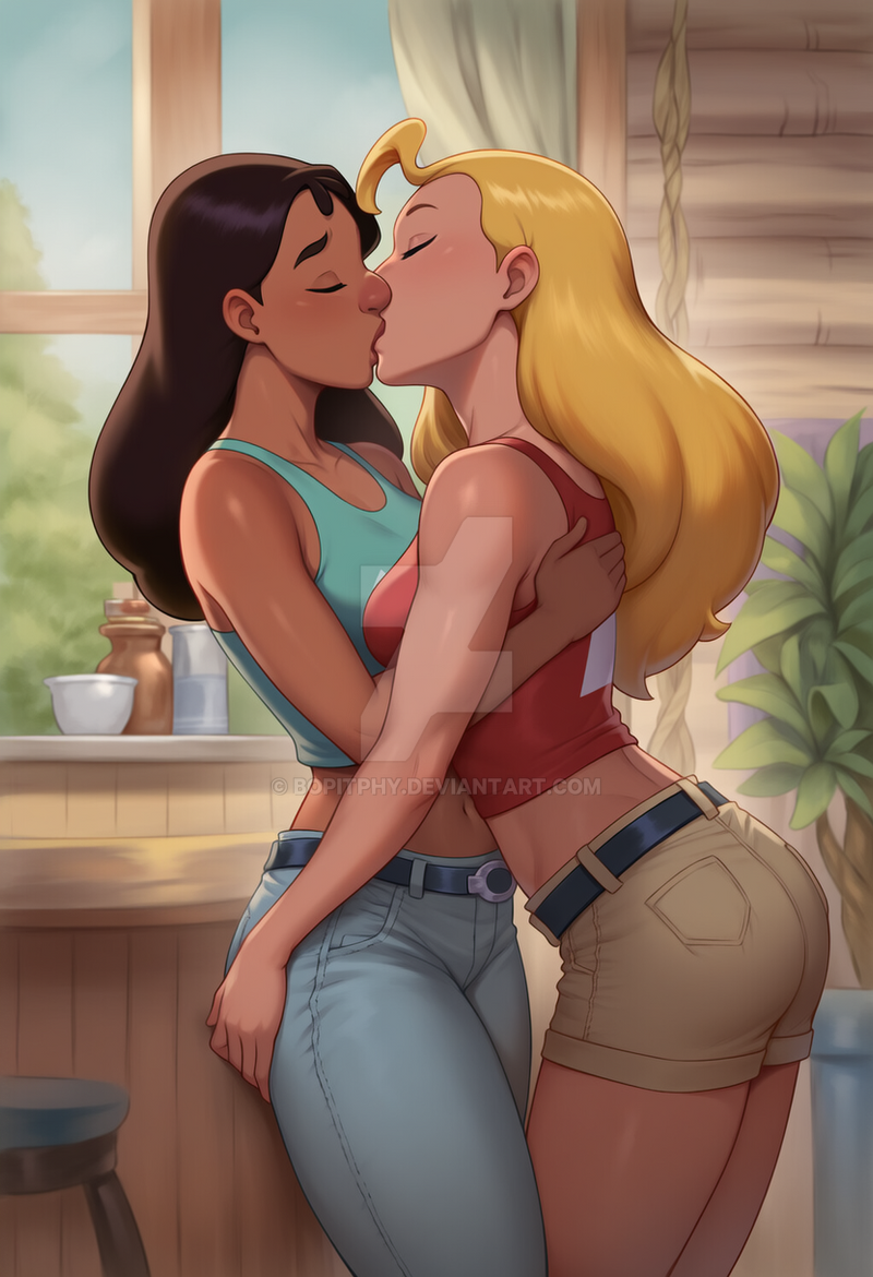 2_girls ahoge alternate_costume aqua_tank_top arched_back ass ass_grab bare_arms bare_legs bare_shoulders belt big_ass black_belt black_hair blonde_female blonde_hair blue_pants blush bopitphy breasts brown_shorts chair closed_eyes collarbone couple curtains dark-skinned_female dark_skin day denim denim_shorts disney duo female/female female_only grabbing grabbing_another's_ass hand_on_another's_ass hugging indoors interracial interracial_couple interracial_yuri jeans kissing leaning leaning_forward legs legs_together lifeguard_(lilo_and_stitch) lilo_and_stitch long_hair love medium_breasts midriff multiple_girls mutual_yuri nani_pelekai navel neck pants plant red_tank_top romantic romantic_couple round_nose short_shorts sleeveless standing stool stool_(chair) straight_hair tank_top teen teenage_girl thick_eyebrows thighs window yuri