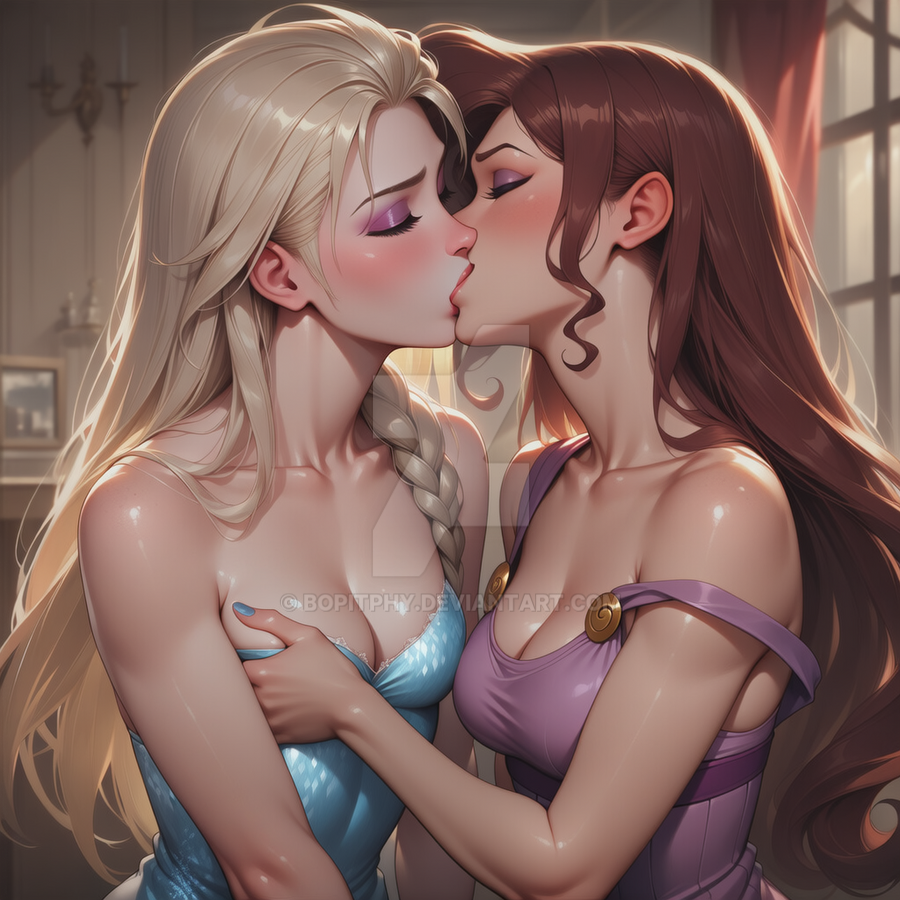 2_girls alternate_costume alternate_hairstyle arm_at_side arms_at_sides bare_arms bare_shoulders blonde_female blonde_hair blue_dress blue_nails blush bopitphy braid breast_grab breasts brown_hair cleavage closed_eyes collarbone company_connection couple crossover disney disney_princess dress duo elsa elsa_(frozen) eyeshadow female/female female_only frozen_(film) hair_down hand_up hercules hercules_(1997_film) hercules_(disney) kissing lips lipstick long_hair love makeup medium_breasts megara multiple_girls mutual_yuri nail_polish neck off_shoulder purple_dress purple_eyeshadow queen red_lipstick romantic romantic_couple sleeveless sleeveless_dress small_breasts straight_hair strap_slip strapless strapless_dress tied_hair yuri