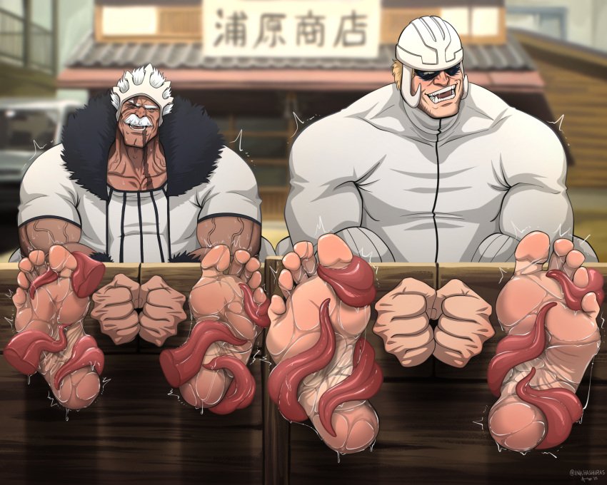 2025 2boys arrancar baraggan_louisenbairn barefoot big_feet bleach blonde_hair espada facial_hair feet fists_clenched inkhashiras licking licking_feet male male_feet male_focus male_only male_tickling muscular muscular_male mustache nirgge_parduoc old_man older_male saliva scar scars stocks sweat sweating tickle_torture tickling toes tongues veins white_hair