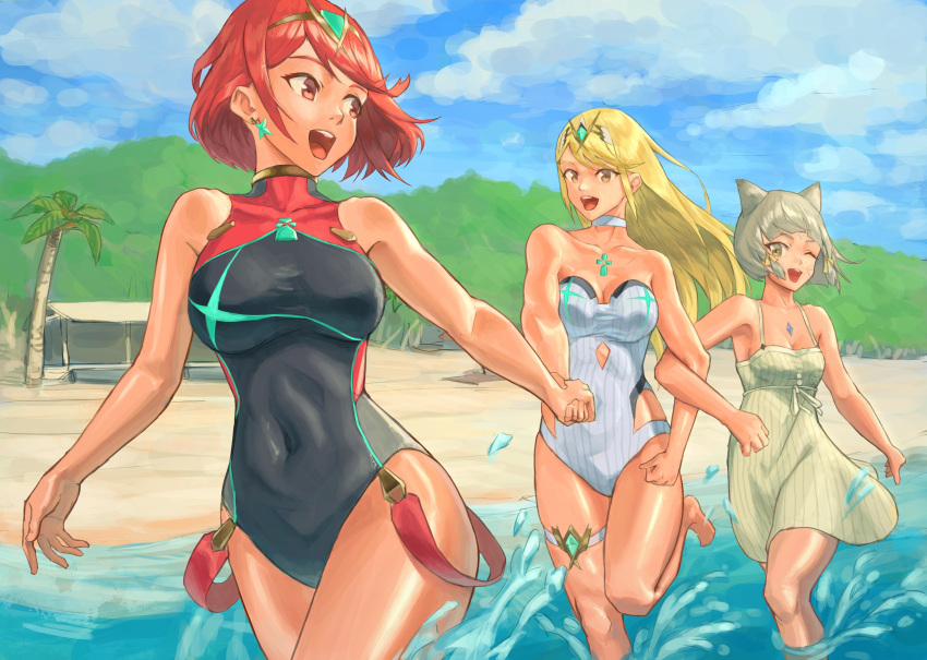 3_girls absurd_res alluring animal_ears bare_shoulders beach big_breasts black_one-piece_bikini blonde_hair cat_ears cat_girl chest_jewel commentary_request dress earrings grey_hair group_picture high_res jewelry long_hair multiple_girls mythra_(radiant_beach)_(xenoblade) mythra_(xenoblade) nia_(xenoblade) one-piece_bikini one_eye_closed ponaponyo pyra_(pro_swimmer)_(xenoblade) pyra_(xenoblade) red_eyes red_hair short_hair small_breasts strapless strapless_one-piece_bikini swimsuit tiara water white_one-piece_bikini xenoblade_(series) xenoblade_chronicles_2 yellow_eyes