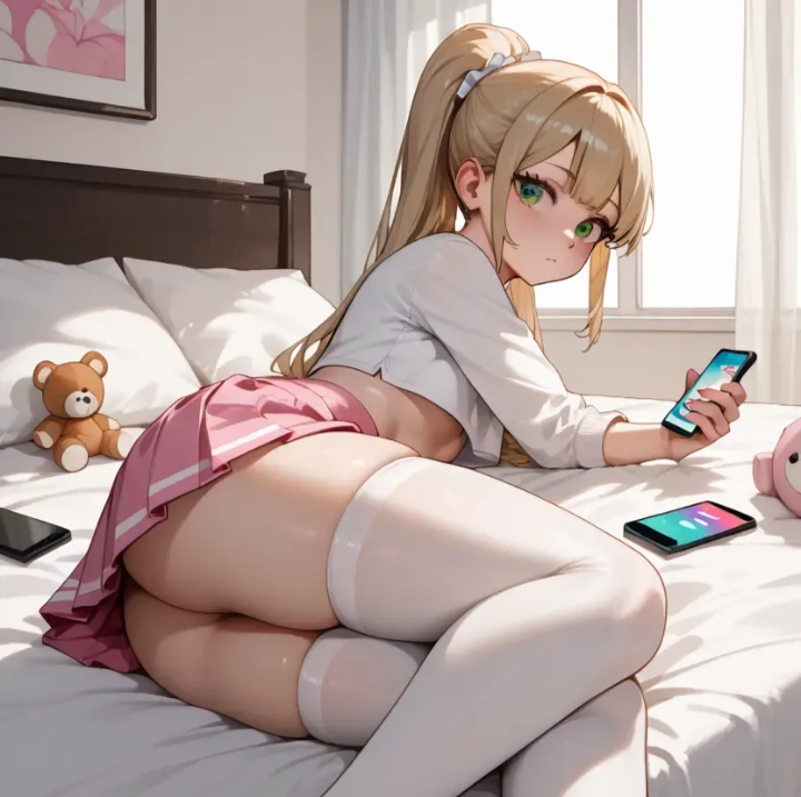 bed bedroom blonde_hair lying_on_bed skirt waifu