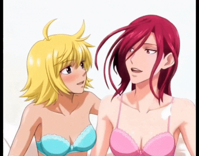 bed blonde_hair bra duke ikusa_otome_valkyrie kissing margaret one_piece red_hair yuri