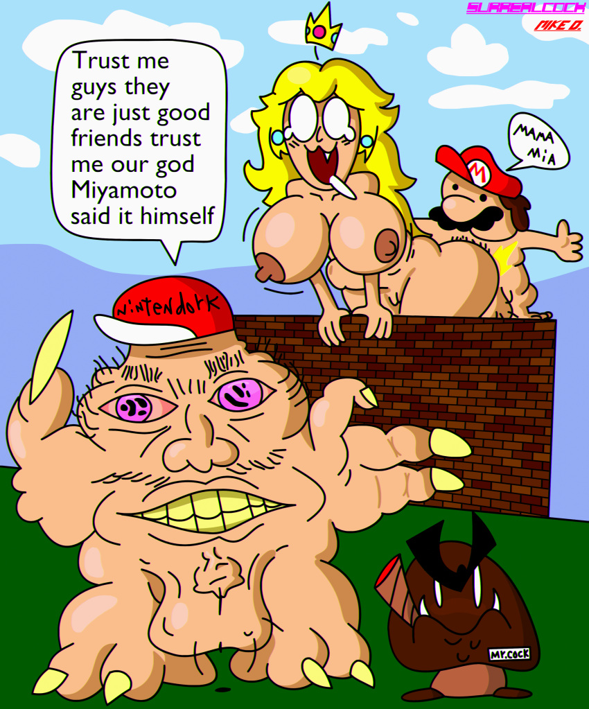 1boy 1boy1girl 1girls belly_bulge bigger_female breasts breasts_out brown_hair goomba hairy_balls homunculus italian mario mario_(series) mike_d_(author) nintendo penis penis penis princess_peach public_exposure public_sex sex small_italian_man smaller_male surrealcock unseen_penis yellow_hair