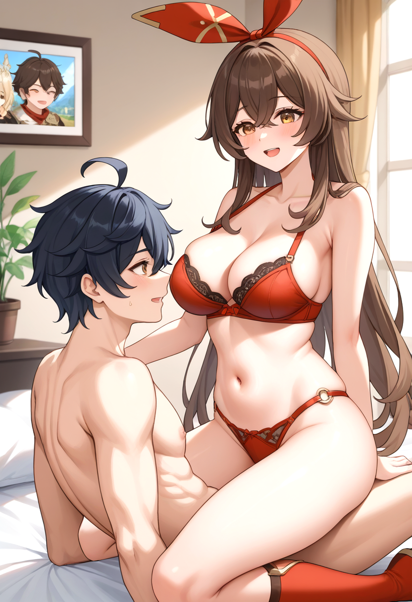 1boy 1girl 1girls ai_generated amber_(genshin_impact) bedroom big_breasts blush boots bow_hairband bra bra_and_panties breasts brown_eyes brown_hair cleavage genshin_impact grin headband in_bed long_hair male naked_male nude nude nude_male panties red_boots red_bra red_panties red_ribbon ribbon_headbband smile upright_straddle