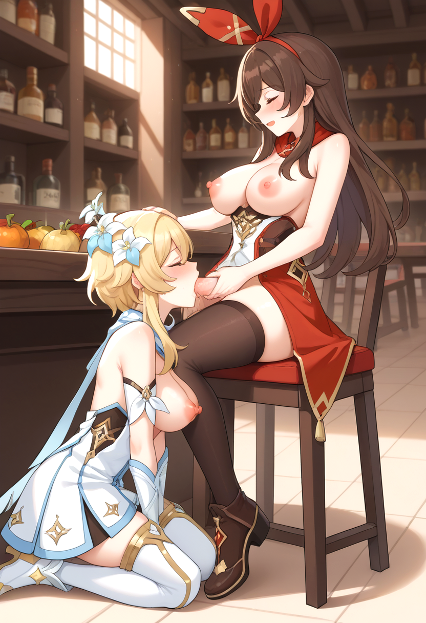1futa 1girl 1girls ai_generated amber_(genshin_impact) big_breasts blonde_hair blush bow_hairband breasts breasts_out brown_hair closed_eyes clothed clothed_blowjob clothed_female_clothed_futa deepthroat fellatio female_on_futa flowers flowers_on_head futanari futanari_on_female genshin_impact headband intersex long_hair lumine_(genshin_impact) nipples on_knees partially_clothed penis red_ribbon ribbon ribbon_headbband short_hair sitting sitting_on_chair sucking_futa sucking_penis