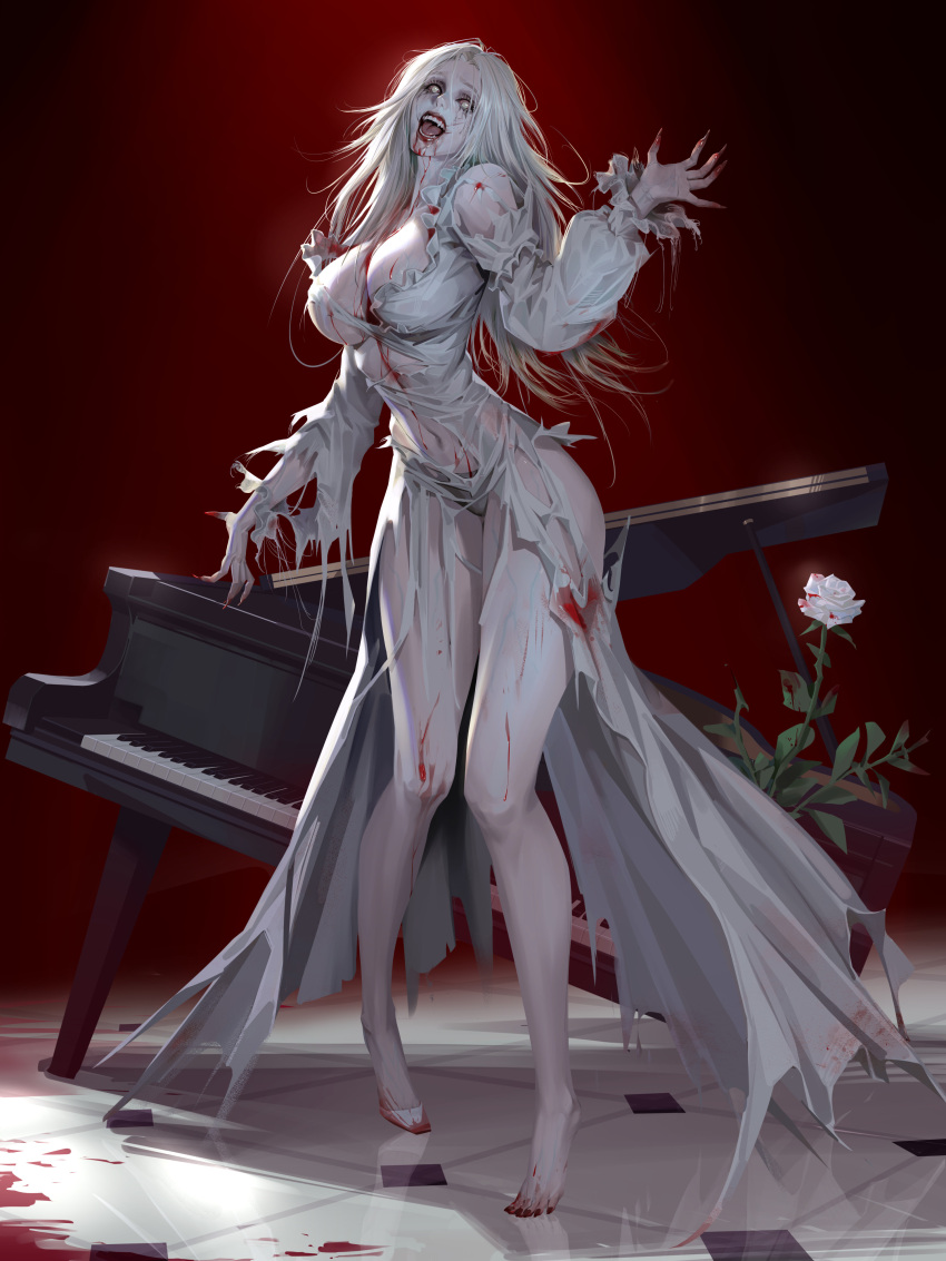 1girl 1girl absurd_res bare_legs big_breasts biohazard b***d blood_on_clothes blood_on_ground blood_on_mouth bloodshot_eyes bloody_clothes bloody_dress breasts capcom cleavage dress full_body high_res instrument long_hair looking_at_viewer open_mouth pale_skin panties piano resident_evil resident_evil_9 resident_evil_9:_requiem resident_evil_requiem selena_corey shoes single_shoe standing torn_clothes torn_dress underwear wansai white_eyes white_hair zombie zombie_girl