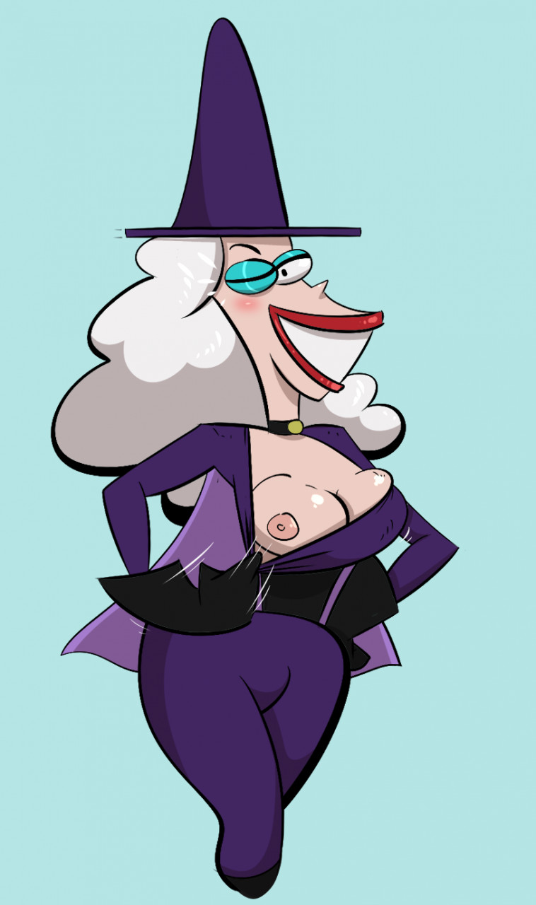 1girl 2_stupid_dogs black_gloves blush bodysuit bouncing_breasts breast_slip breasts cape choker cleavage evil_lady_(2_stupid_dogs) exposed_breasts eyes_closed eyeshadow female flashing gloves hands_on_own_hips hat jodero large_breasts light-skinned_female light_skin lipstick long_hair makeup medium_breasts one_breast_out one_breast_out_of_clothes simple_background smile solo wardrobe_malfunction white_hair wide_hips witch witch_hat
