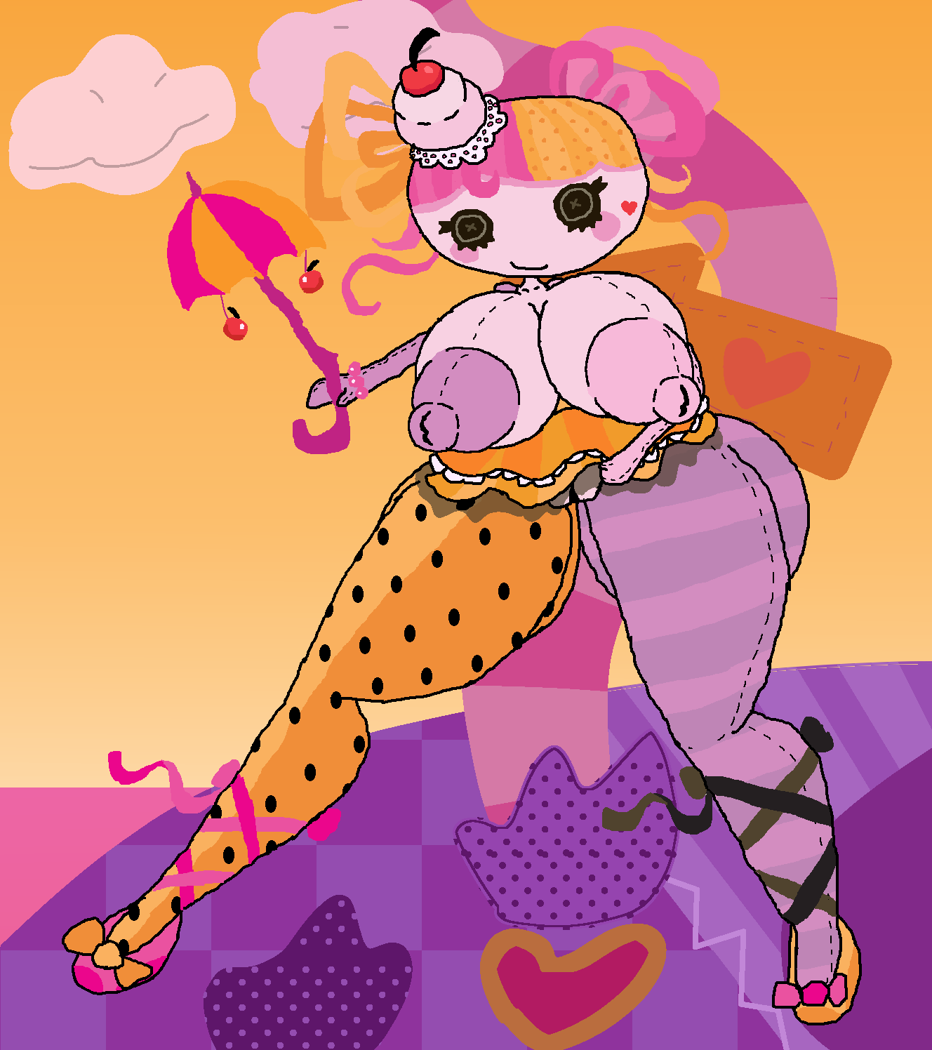 1girl 2025 angered_driver_(artist) areolae ass asymmetrical_clothes asymmetrical_hair asymmetrical_legwear ballerina ballet_boots big_areola big_ass big_breasts big_nipples bitty_buttons blush_stickers blushing breasts button_eyes cherry clothed doll doll_girl dress exposed_breasts exposed_pussy female female_only first_porn_of_character heart_symbol holding_object ice_cream island lala-oopises lalaloopsy long_legs mga_entertainment multicolored_body multicolored_hair nipples orange_hair pattern_background pattern_clothing pattern_legwear pattern_stockings pink_hair plush_hair princess princess_nutmeg pussy ragdoll ribbon ribbon_in_hair ribbons self_upload solo solo_female thick_thighs thighs thighs_bigger_than_head thighs_bigger_than_torso toony umbrella
