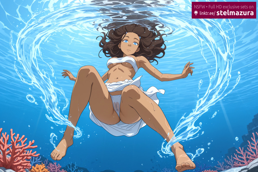 1girl ai_assisted ai_generated air_bubble avatar:_the_last_airbender bare_shoulders barefoot blue_eyes breasts brown_hair bubble cameltoe coral dark-skinned_female dark_skin feet female freediving from_below full_body holding_breath katara long_hair looking_at_viewer medium_breasts navel nickelodeon nicktoons panties sarong see-through skirt solo stelmazura strapless swimming toes tube_top under_boob underwater underwear upskirt water wet wet_clothes white_panties