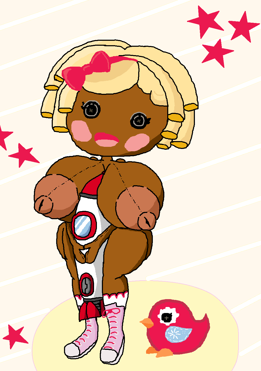 1girl angered_driver_(artist) animal animate_inanimate ass ass_visible_through_thighs big_areola big_breasts bird bitty_buttons black_eyes blonde_hair blush_stickers boots breasts brown_body brown_skin button_eyes dark-skinned_female dark_skin doll doll_girl dot_starlight female female_only holding_object lalaloopsy mga_entertainment object_between_breasts pet plush_doll ribbon short_hair simple_background solo solo_female spacecraft star_(symbol) stars thick_thighs toy white_background yellow_hair